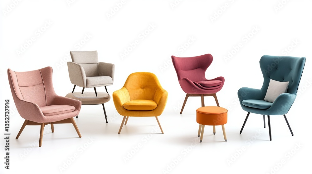 A collection of trendy Scandinavian chairs, including a comfortable armchair and a stylish stool, isolated on a white background A collection of trendy Scandinavian chairs, including a comfortable armchair and a stylish stool, isolated on a white background