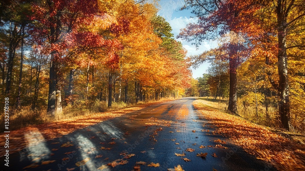 Obraz premium A picturesque autumn scene featuring a winding road surrounded by trees with vibrant orange, yellow, and red leaves. The ground is strewn with fallen leaves, and the sun filters through the foliage, c