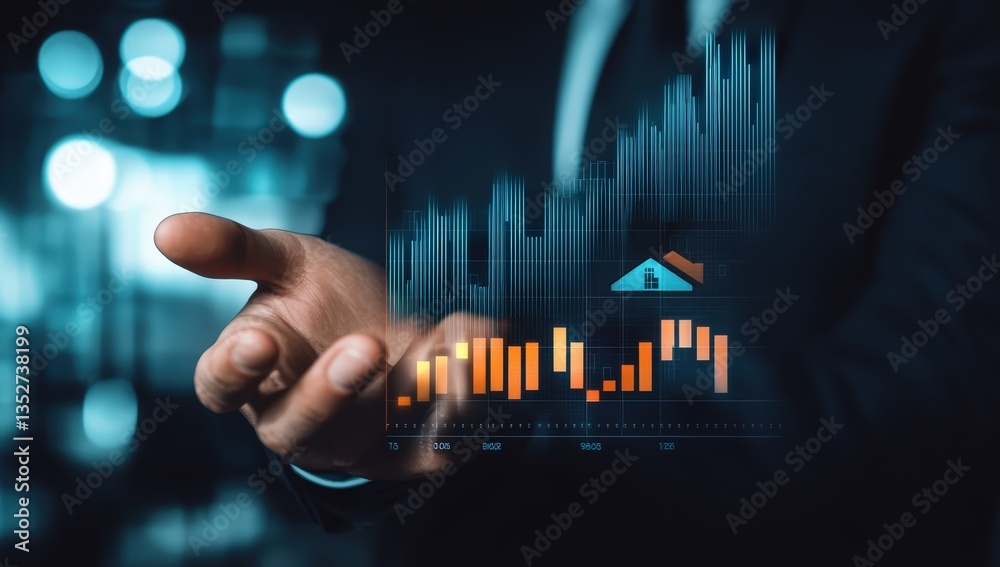 Business professional presenting virtual property market data during a corporate meeting to illustrate real estate trends and investment opportunities for clients Business professional presenting virtual property market data during a corporate meeting to illustrate real estate trends and investment opportunities for clients