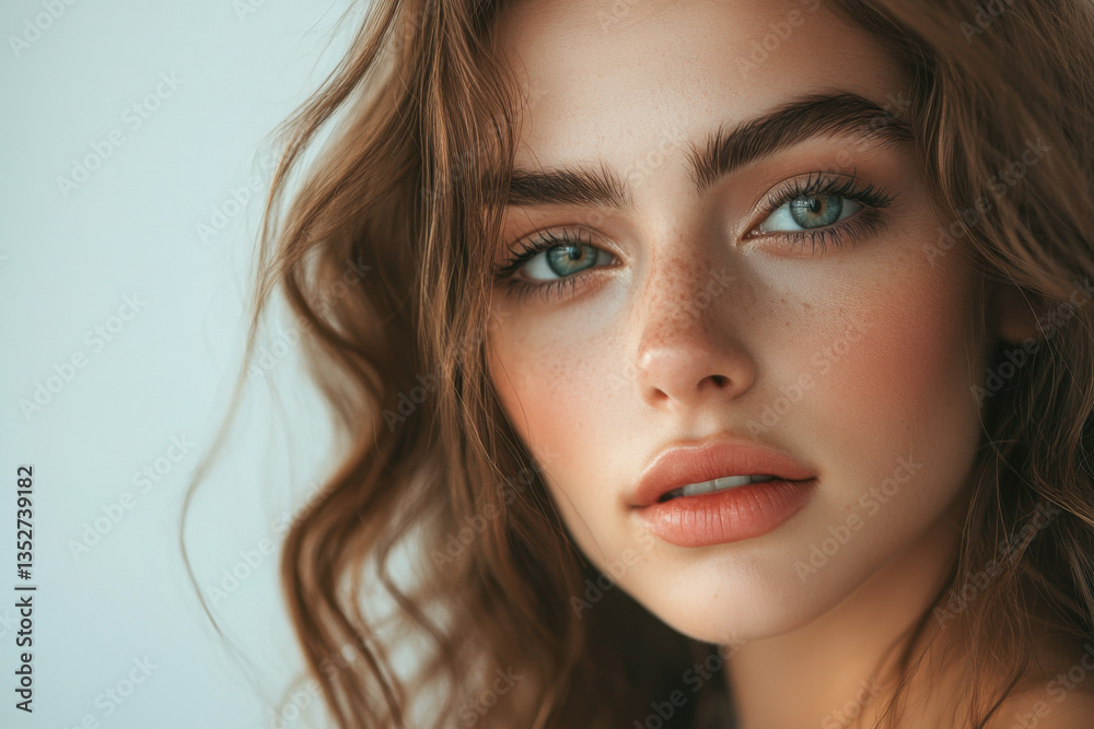 Beautiful model posing with freckles and wavy hair Beautiful model posing with freckles and wavy hair