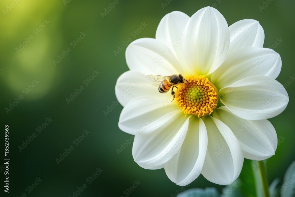 A honeybee is pollinating a beautiful white flower in nature A honeybee is pollinating a beautiful white flower in nature