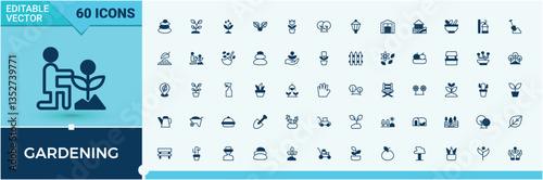 Gardening vector line icon set. Pack of plant, ecology, garden, environment, leaf, nature and more. Planting icon set. Minimal icons set. Pixel perfect. Solid line editable stroke.