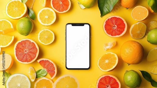 A smartphone surrounded by vibrant citrus fruits on a yellow background, perfect for fresh and bright marketing visuals.