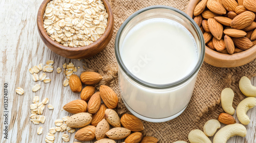 Top View of Fresh Milk in a Glass Surrounded by Almonds, Cashews, and Oats, Promoting Plant-Based Alternatives, World Milk Day  