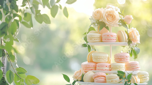 Dreamy Scene, Three-Tiered Macaron Tower in Soft Pastel Shades, Roses and Greenery Woven Through, Blurred Garden Background, Dessert Ideas for Summer Wedding  