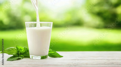 Close-Up of Fresh Milk Pouring into a Glass on a Wooden Table Outdoors, Green Background with Natural Light, World Milk Day  