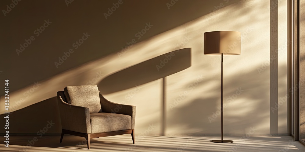 Fototapeta premium Minimalist Living Room with Chair and Floor Lamp, Sunlight