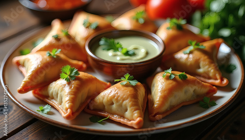 Overhead shot of a plate of spicy Indian samosas with dipping sauces, garnished with fresh coriander, warm ambient lighting, street food festival
