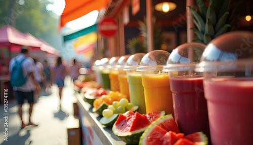 Vibrant street view of a fresh fruit juice stand with colorful smoothies in clear cups, tropical fruits arranged neatly, bright sunlight, street food festival