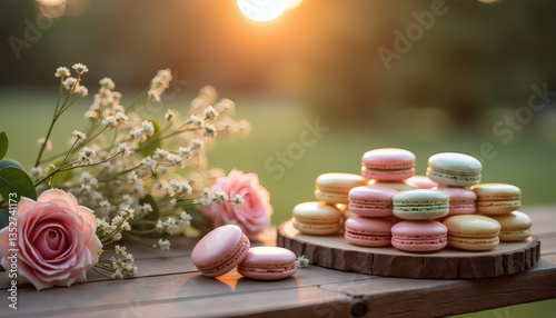 Rustic outdoor scene with a wooden dessert table featuring an assortment of pastel-colored macarons, fresh flowers scattered around, warm golden hour light, dessert ideas for summer wedding
