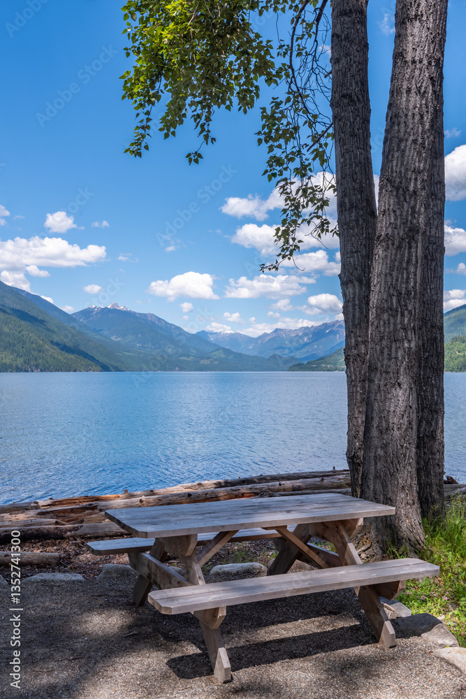 Φωτογραφία Picnic Table in Park with mountain lake in at summer day in Vancouver, Canada, North America