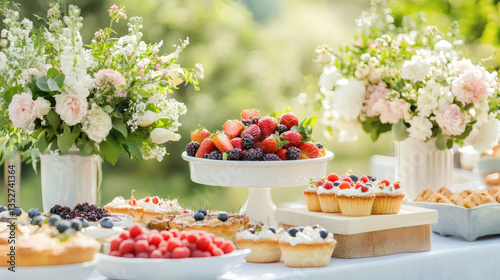 Wide-Angle View, Beautifully Arranged Dessert Bar with Éclairs, Tarts, and Fruit-Filled Pastries, Delicate Floral Decorations, Soft Bokeh Effect, Dessert Ideas for Summer Wedding  
