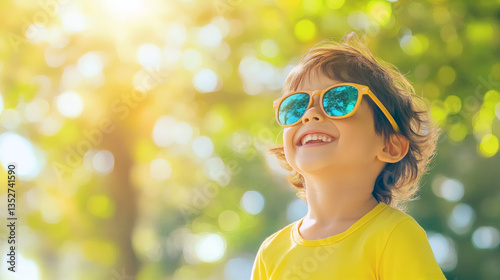 Playful Composition of a Child Wearing Sunglasses and Smiling Towards the Sun, Joyful Expression, Blurred Park Background, World Sun Day  