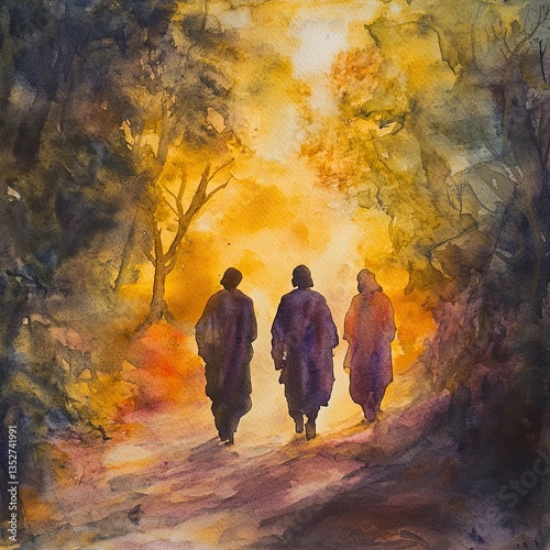 Disciples Encounter the Risen Christ on the Road to Emmaus â€“ Watercolor 