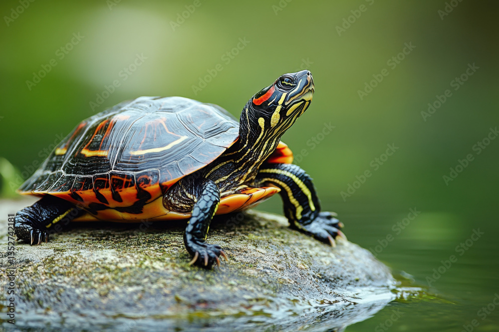 Obraz premium Painted turtle basking on rock in serene pond