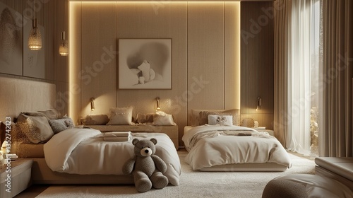 Cozy children's bedroom with twin beds, plush teddy bear, soft lighting, and neutral tones creating a serene and comfortable atmosphere.
