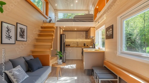 Cozy interior of a modern tiny house featuring a chic living space, kitchen area, and staircase, showcasing contemporary design.