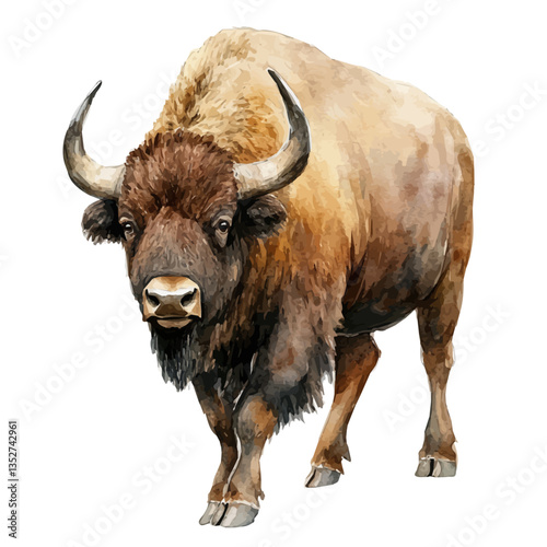 A watercolor vector painting of a buffalo, isolated on a white background. Buffalo vector.

