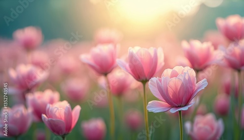 Pink tulips field spring summer background. Pastel colors, soft light creates romantic, dreamy mood. Beautiful flowers, nature scene, floral design for wallpaper, greeting cards, Easter, holiday.
