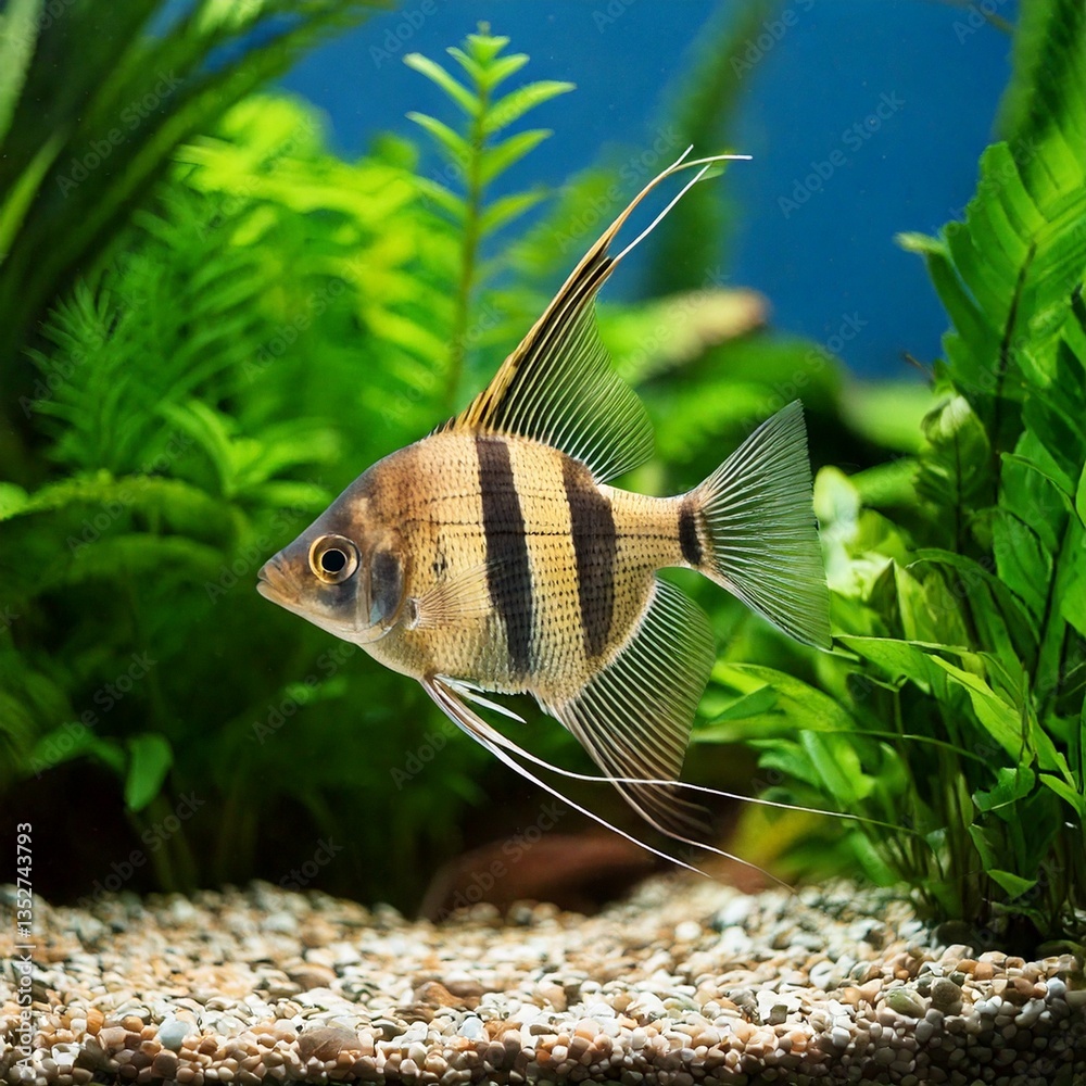 tropical Pterophyllum scalare fish in freshwater aquarium with plants