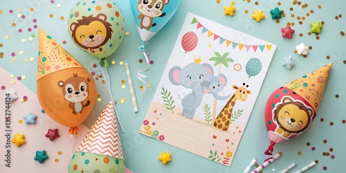 A vibrant birthday setup featuring adorable animal-shaped balloons, confetti, party hats, and a cheerful flyer on a pastel background.