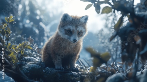 Cute fox cub in winter forest