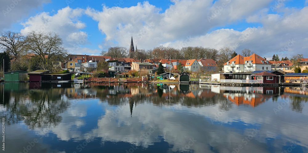 Fototapeta premium wonderful impressions of Malchin on the Baltic Sea with lake and reflections of the town