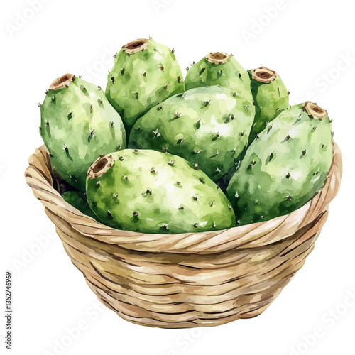 A watercolor vector painting of a cactus pear basket, isolated on a white background. Cactus pear basket vector.

