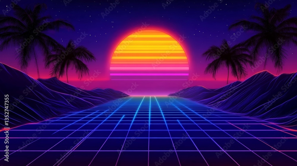 Naklejka premium Vibrant retro sunset over a futuristic landscape with palm trees and neon grid patterns