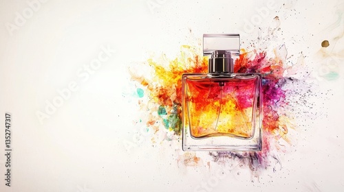 Colorful fragrance bottle surrounded by vibrant splashes of paint in artistic display
