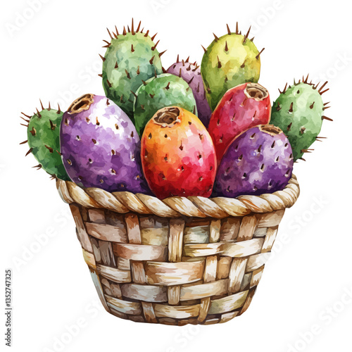 A watercolor vector painting of a cactus pear basket, isolated on a white background. Cactus pear basket vector.

