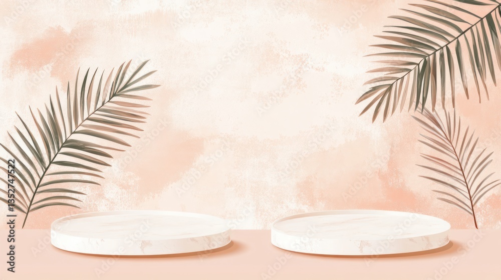 Obraz premium Pastel Display Podium with Tropical Leaves