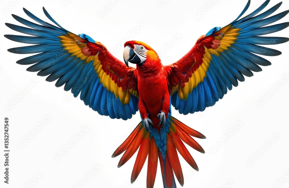 Fototapeta premium Colorful macaw parrot with vibrant plumage isolated on transparent background. Exotic tropical bird with outstretched wings. Red blue yellow feathers. Wildlife nature animal.