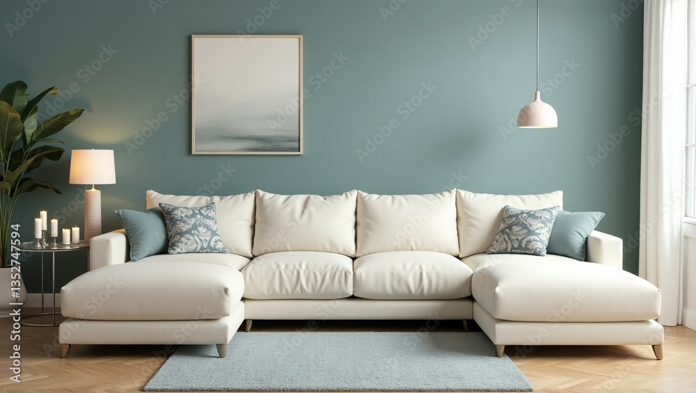 Fototapeta premium A cozy corner featuring a modern-shaped armchair, a decorative cushion, a side table with ceramics, and natural light streaming through the curtains. 