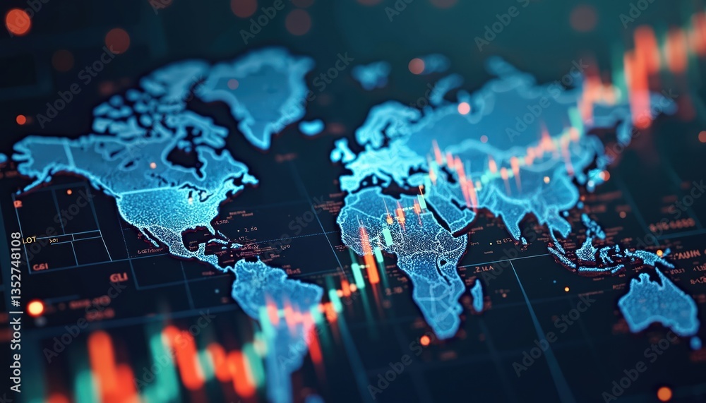Fototapeta premium Global economy stock market finance chart with business exchange investment data, financial graph, world map. Digital technology background shows growth, analysis, trading, data exchange for banking.