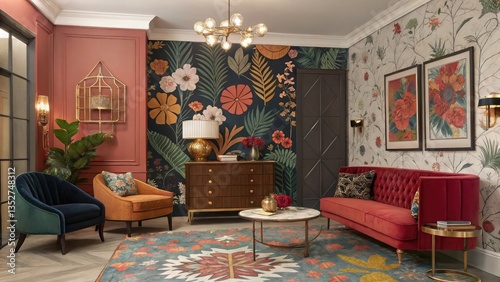 A visually striking fusion of patterns, colors, and textures with a mix of vintage and modern furniture, bold floral wallpapers, unique statement artwork, and luxurious lighting fixtures.