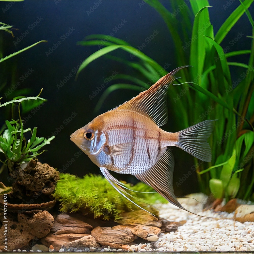 tropical Pterophyllum scalare fish in freshwater aquarium with plants