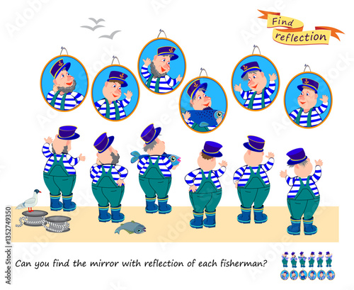 Can you find the mirror with reflection of each fisherman? Logic puzzle game for children and adults. Brain teaser book. Developing spatial thinking. Task for attentiveness. Flat vector illustration