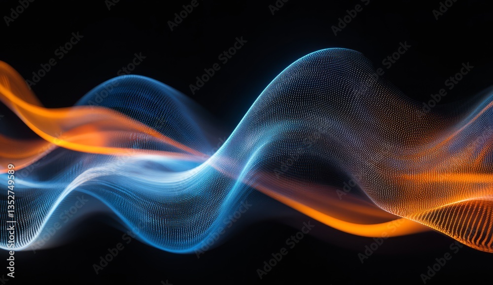 Obraz premium Abstract blue and orange wavy lines on a black background, an AI art concept. The image is a close-up of two intertwined waves made from light blue and dark orange colors.