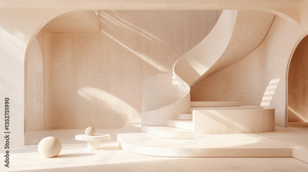 Fototapeta premium Minimalist Architectural Interior with Spiral Staircase and Soft Lighting