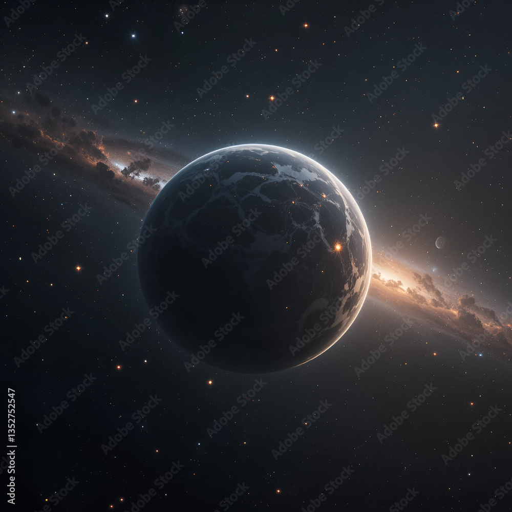 Fototapeta premium A hyper-realistic image of a rogue planet drifting through interstellar darkness, illuminated only by the soft glow of distant galaxies.