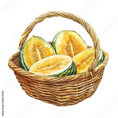 A watercolor vector painting of a canary melon basket, isolated on a white background. Canary melon basket vector.

