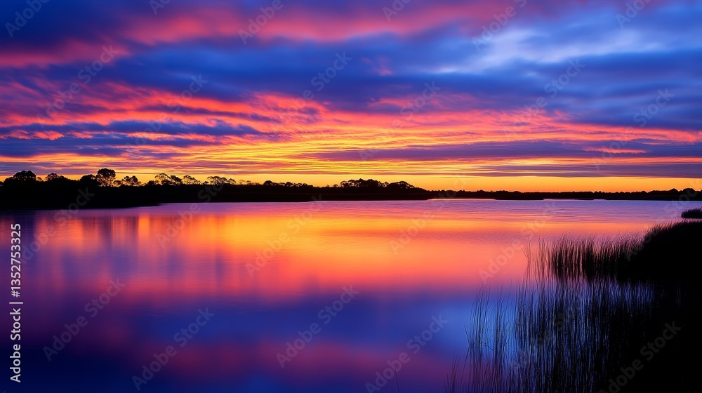 Vibrant sunset over tranquil lake with colorful clouds reflecting on the water's surface Vibrant sunset over tranquil lake with colorful clouds reflecting on the water's surface