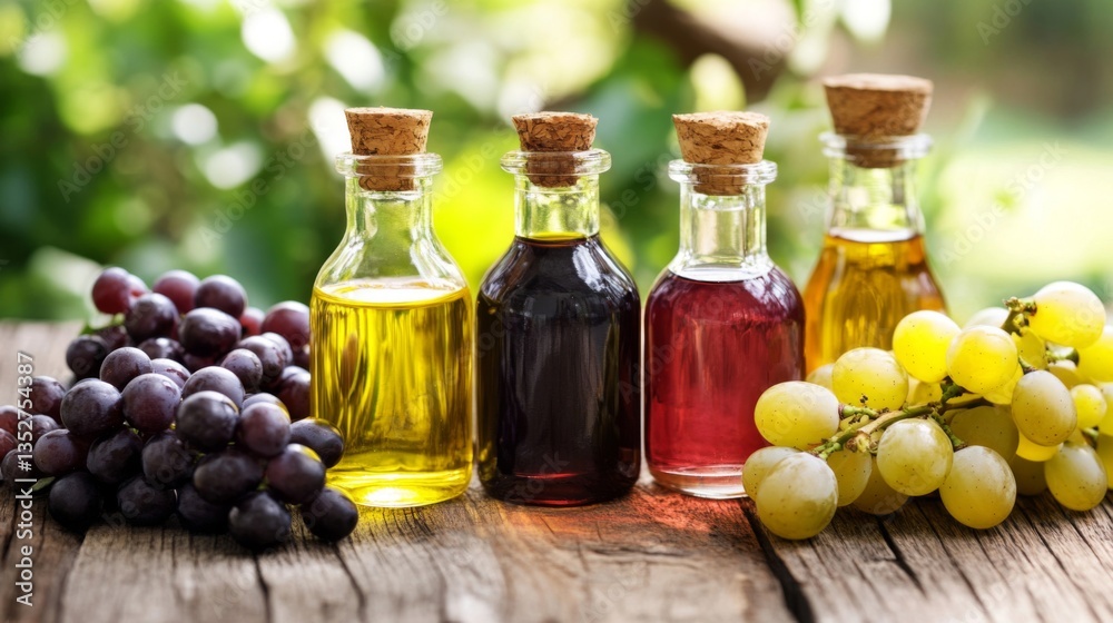 Grape Oil and Vinegar Bottles on Wooden Table Grape Oil and Vinegar Bottles on Wooden Table