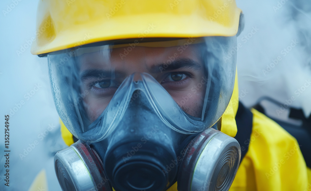Close-up of a firefighter wearing a protective mask and helmet, with smoke in the background. Close-up of a firefighter wearing a protective mask and helmet, with smoke in the background.