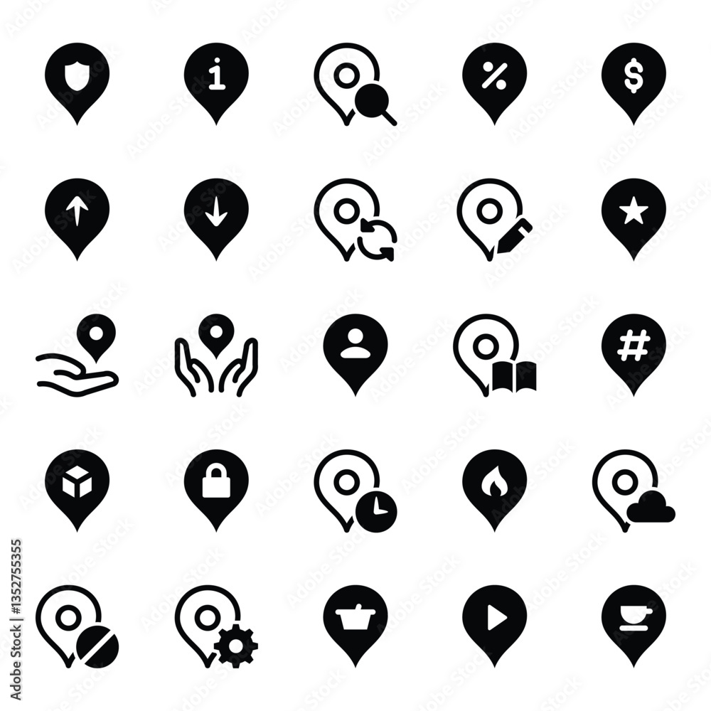 Glyph icons set for Location pins, marker, pointer. Glyph icons set for Location pins, marker, pointer.