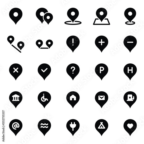 Glyph icons set for Location pins, marker, pointer.