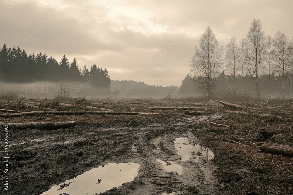 Fototapeta premium A muddy logging area surrounded by fog and forest trees