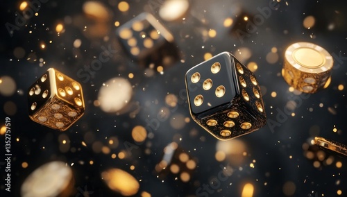 Black and gold dice and chips falling against dark background.