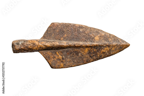 Ancient stone arrowhead with distinctive spearhead shape on black background, cut out